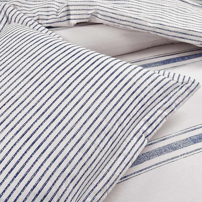 Lush Decor Farmhouse Stripe Reversible Cotton Comforter Set, 3 Piece Set, California King, Navy - Cozy Farmhouse Bedding Set - Rustic Decor - Striped Comforter - Modern Farmhouse Bedroom Decor
