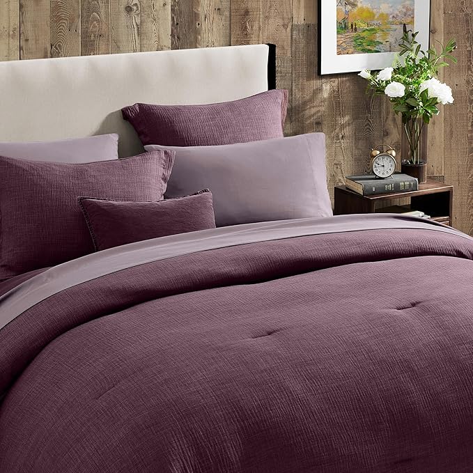 Geniospin Purple Queen Comforter Set - 7 Pieces Egglant Comforter Queen Size, Solid Bedding Set for All Season, Textured Bed in a Bag with Sheets
