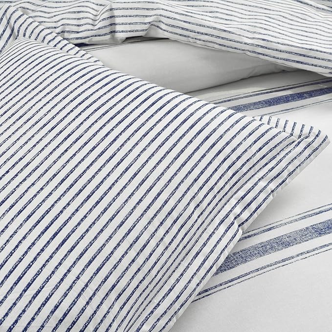 Lush Decor Farmhouse Stripe Reversible Cotton Comforter Set, 3 Piece Set, Full/ Queen, Navy - Cozy Farmhouse Bedding Set - Rustic Decor - Striped Comforter - Modern Farmhouse Bedroom Decor