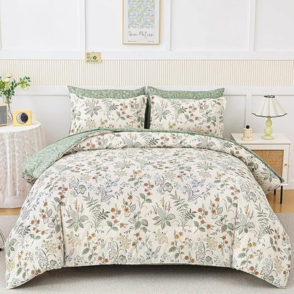WONGS BEDDING Floral Comforter Set King Size,7 Pieces Bed in a Bag Flower Bedding Sets Botanical Microfiber Comforter Soft Loghtweight Bed Set with Sheet,Pillowcases&Shams