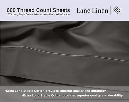 LANE LINEN Queen Size Bed Sheets Set – 600 Thread Count 100% Natural Cotton Cooling Sheets, Hotel Luxury Soft Sateen Finish, Snug Fit 15" Deep Pocket Elasticized Fitted Sheet – Charcoal