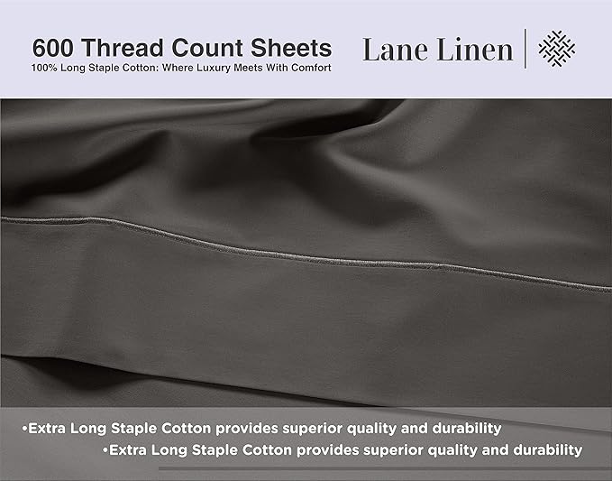 LANE LINEN 600 Thread Count 100% Mercerized Cotton Machine Wash Full Size Bed Sheets Set, Fully Elasticized Fitted Sheet, European Closure Pillow Cases, Z Hem Top Sheet, Soft & Comfy Sheets - Charcoal