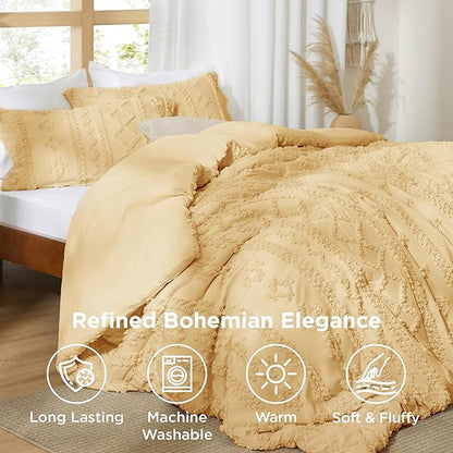 Bedsure Tufted Boho Comforter Set Queen Size - Yellow Boho Bed Set, GentleSoft™ 3 Pieces Farmhouse Shabby Chic Embroidery Bedding, Gifts for Woman, Soft Jacquard Queen Comforter for All Seasons