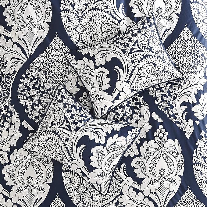 Madison Park Vienna Sateen Cotton Comforter Set, Breathable, Soft Cover, Trendy, All Season Down Alternative Cozy Bedding with Matching Shams, Queen, Indigo 7 Piece