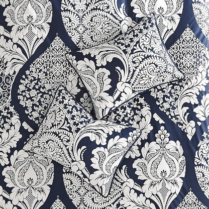 Madison Park Vienna Sateen Cotton Comforter Set, Breathable, Soft Cover, Trendy, All Season Down Alternative Cozy Bedding with Matching Shams, Queen, Indigo 7 Piece