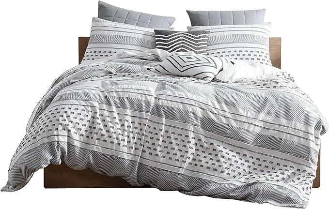 Swift Home Atayal 100% Cotton Herringbone & Clip Jacquard Bedding 5-Piece Comforter Set, All Season & Breathable, Oeko-TEX Certified – Grey, Full/Queen