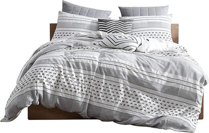 Swift Home Atayal 100% Cotton Herringbone & Clip Jacquard Bedding 5-Piece Comforter Set, All Season & Breathable, Oeko-TEX Certified – Grey, Full/Queen