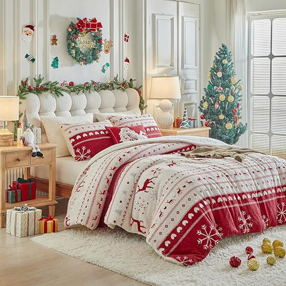 Christmas Sherpa Comforter Set Twin Size 3 Pieces Red Stripes Cream Heart Deer Holiday Winter Bedding Microfiber Warm Fleece Comforter with 2 Pillow Shams - Thanksgiving New Year Gift Choice