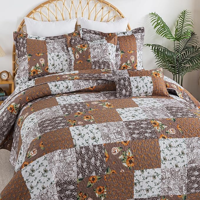 BEDIFANY Cotton Filling Queen Quilt Set - Reversible Farmhouse Bedspreads Queen Size with 2 Pillow Shams - Lightweight Queen Size Quilt Bedding Sets, 3 Pieces (90 x 98 inch)