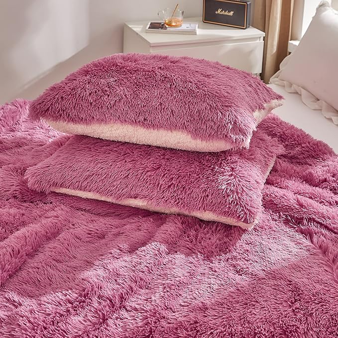 Purple Pink Faux Fur Comforter Set Queen 3 Pieces - 1 Shaggy Comforter 88*88 with 2 Pillowcases - Ultra Soft and Easy Care Luxury Plush Warm Winter fluffy Fleece Duvet Set for Cold Winter