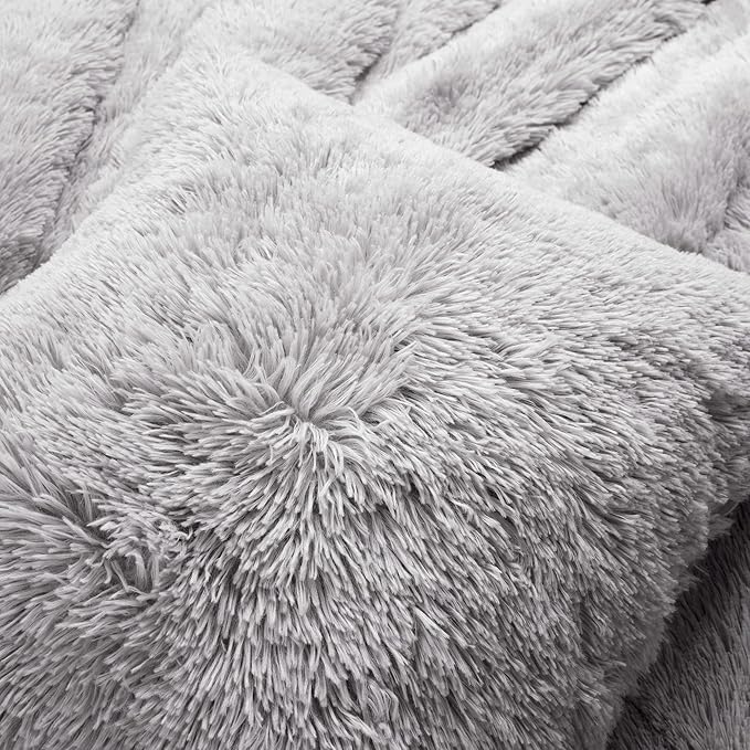 Lush Decor Emma Soft Fluffy Faux Fur Oversized Duvet Cover Set, King, Light Gray - Warm Plush 3 Piece Bedding Set