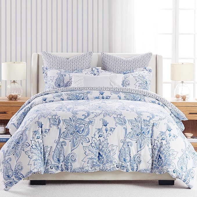 Levtex Home - Bennett Duvet Cover Set - King Duvet Cover + Two King Pillow Cases - Floral Paisley - Blue and White - Duvet Cover (106 x 94in.) and Pillow Case (36 x 20in.) - Cotton