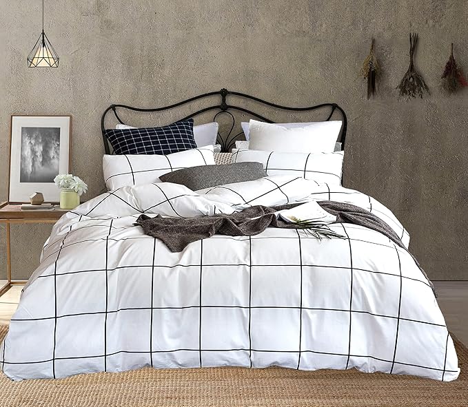 KAREVER White Grid Comforter Set Big Grid Bedding Set King White Black Plaid Printed Stripes Women Checkered Comforters Bedding White Plaid King Comforter