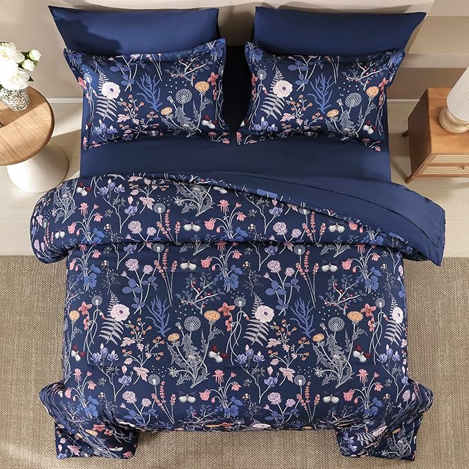 Yiran King Size Comforter Set, 7 Pieces Navy Blue Floral Soft Bedding Sets, King Bed in a Bag with Botanical Flowers Winter Comforter, Sheets, Pillowcases & Shams
