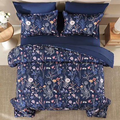 Yiran King Size Comforter Set, 7 Pieces Navy Blue Floral Soft Bedding Sets, King Bed in a Bag with Botanical Flowers Winter Comforter, Sheets, Pillowcases & Shams