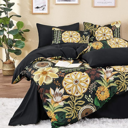 Wake In Cloud - Boho Comforter Set, Floral Farmhouse Botanical Western Style with Colorful Flowers and Tropical Leaves, Soft Lightweight Bedding, 3 Pieces, Amber Black, Full Size