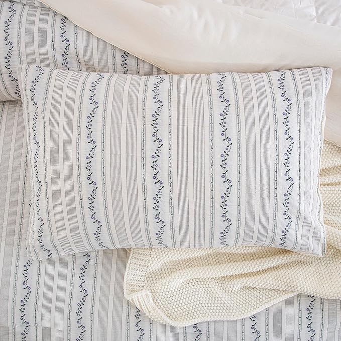 100% Cotton Jacquard Comforter Set, Striped Floral Print, Soft Lightweight Reversible 3 Piece Bedding Sets for All Season, King(104"x90")