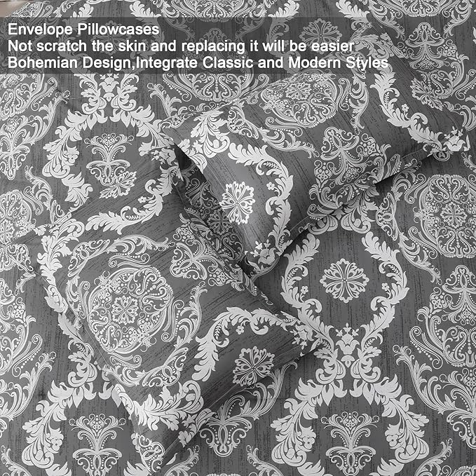 WONGS BEDDING Dark Grey Comforter Set Queen Size, Damask Texture 7 Pieces Bed in a Bag Microfiber Comforter Bedding Sets -1 Comforter, 1 Flat Sheet, 1 Fitted Sheet, 2 Pillow Shams, 2 Pillowcases