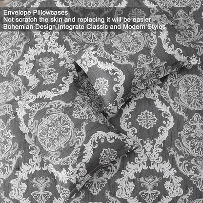 WONGS BEDDING Dark Grey Comforter Set Queen Size, Damask Texture 7 Pieces Bed in a Bag Microfiber Comforter Bedding Sets -1 Comforter, 1 Flat Sheet, 1 Fitted Sheet, 2 Pillow Shams, 2 Pillowcases