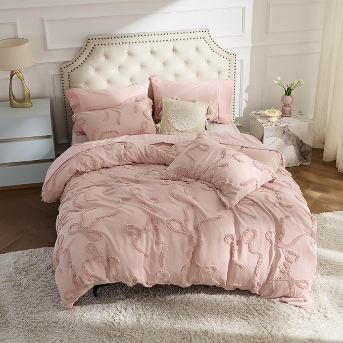 Bedsure Tufted Rose Pink Twin/Twin XL Comforter, GentleSoft™ 2 Pieces Bow Cute Bedding Pink Room Decor, Gifts for Girls Teens Women, All Seasons, 1 Bed Comforter, 1 Pillow Shams, 68x88 Inches