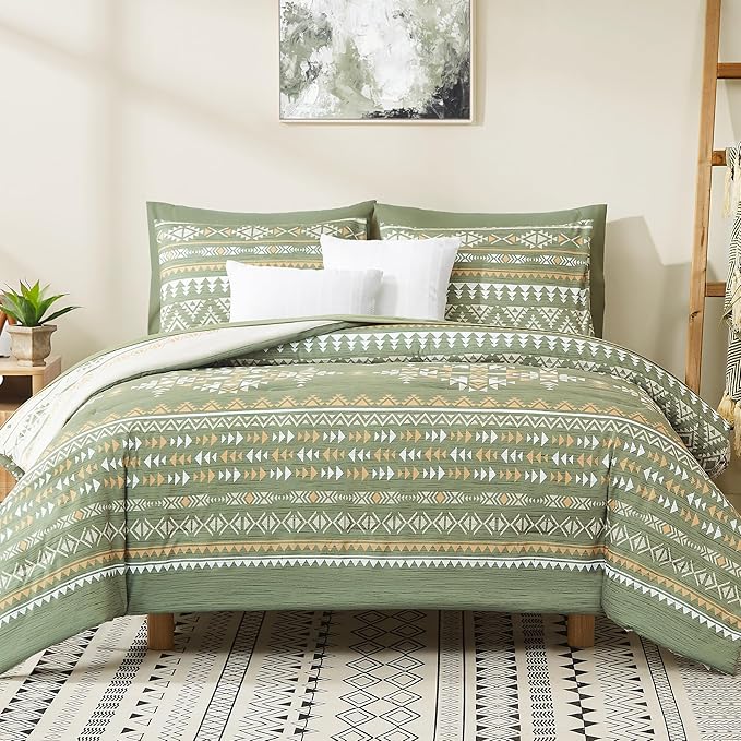 Geniospin Queen Comforter Set - 7 Pieces Reversible Bedding Set, Boho Bed in A Bag, Lightweight Soft Aztec Bedding, All Season Bed Comforter Set with Sheets, Pillowcases & Shams