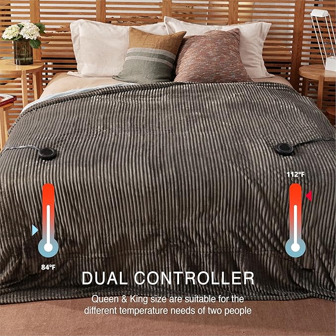 Heated Blanket Queen Size 84"x90",ETL Certification-6 Heating Levels Electric Blanket&1-10 Hour Auto Off,Heating Blanket with Dual Controller(Grey)