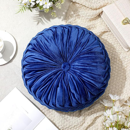 1 Pcs Round Throw Pillows Decorative Velvet Pleated Throw Pillows 15'' Diameter Accent Pumpkin Boho Chair Cushion for Couch Sofa Chair Bed Home Decoration (Navy Blue)