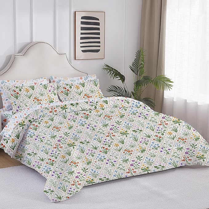 Floral King Comforter Set with Sheets, 7 Piece Luxury Vintage Bedding, Soft Microfiber Bed in a Bag, Cozy Lightweight Bed Set, Green Patchwork Flower Leaf
