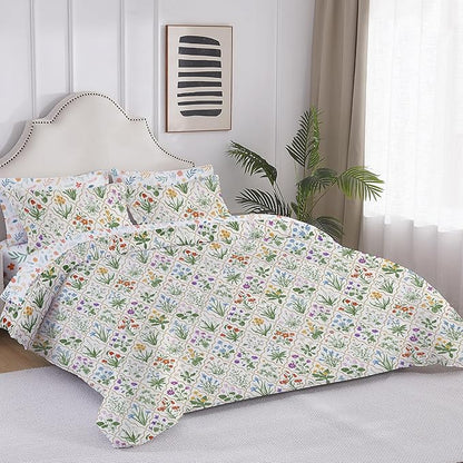 Floral Queen Comforter Set with Sheets, 7 Piece Luxury Vintage Bedding, Soft Microfiber Bed in a Bag, Cozy Lightweight Bed Set, Green Patchwork Flower Leaf