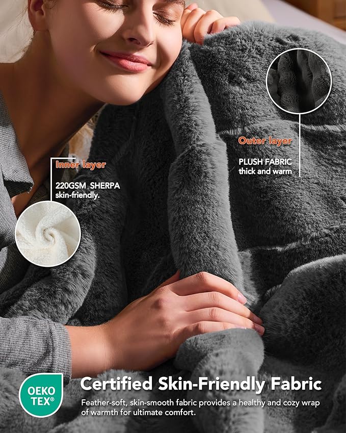 Homemate Heated Blanket Electric Throw - 50"x60" Heating Blanket Throw 1/2/4/6/8 Hours Auto-Off 10 Heat Levels Over-Heat Protection Luxury 800 GSM Faux Fur 200 GSM Sherpa ETL Certification