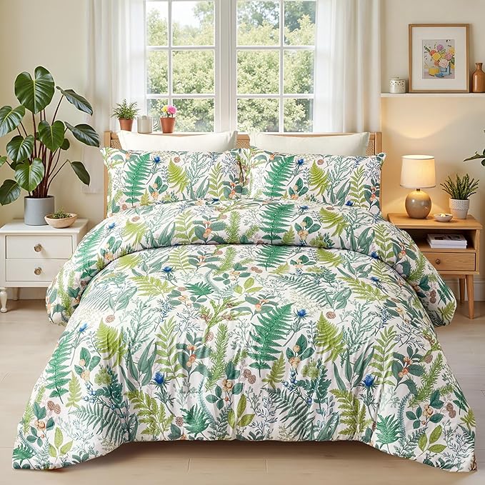 King Comforter Set - 3 Pieces Botanical Bedding Comforter Set, 1 Soft White Green Plant Flowers Comforter (104"x90") and 2 Pillow Shams(20"x36") Ultra-Soft Comfort Suitable for All Seasons