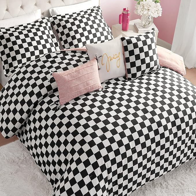Juicy Couture Reversible Checkerboard Comforter Set 5-Piece Twin/Twin XL Set, Black/White