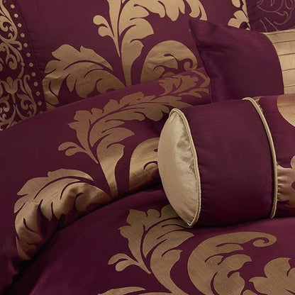 Chezmoi Collection 7-Piece Jacquard Floral Comforter Set (Queen, Maroon)