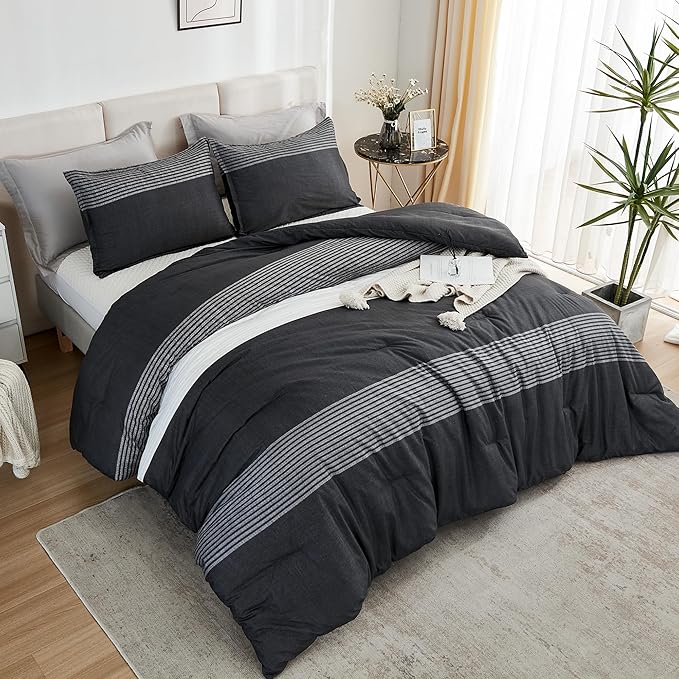 Litanika California King Comforter Set Black White Grey - 3 Pieces Cal King Oversized Lightweight Colorblock Stripe Bedding Set (104x96In, 2 Pillowcases)