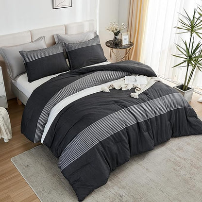 Litanika Queen Comforter Set Black White Grey - 3 Pieces Lightweight Summer Bedding Set, All Season Down Alternative Comforter (1 Comforter, 2 Pillowcases)