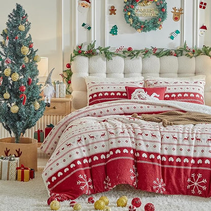 Christmas Sherpa Comforter Set Twin Size 3 Pieces Red Stripes Cream Heart Deer Holiday Winter Bedding Microfiber Warm Fleece Comforter with 2 Pillow Shams - Thanksgiving New Year Gift Choice