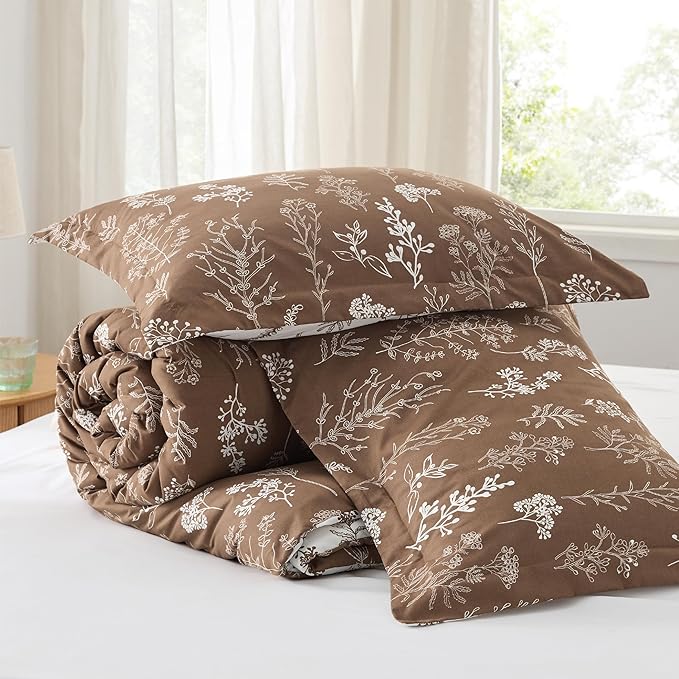 Bedsure Queen Comforter Set - Brown Bed Set, 3 Pieces Cute Floral Bedding, 1 Soft Reversible Botanical Flowers Comforter and 2 Pillow Shams