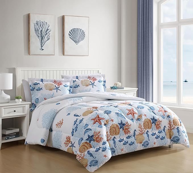 Caribbean Joe Full/Queen 3-Piece Comforter Set, Tropical Coastal Beach Design Bedding, Seashells
