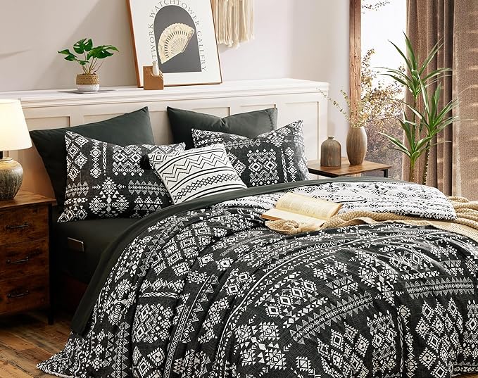 Geniospin Queen Comforter Set - 7 Pieces Reversible Bedding Set, Boho Bed in A Bag, Lightweight Soft Aztec Bedding, All Season Bed Comforter Set with Sheets, Pillowcases & Shams