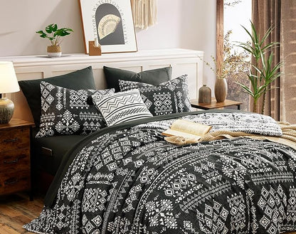 Geniospin Queen Comforter Set - 7 Pieces Reversible Bedding Set, Boho Bed in A Bag, Lightweight Soft Aztec Bedding, All Season Bed Comforter Set with Sheets, Pillowcases & Shams