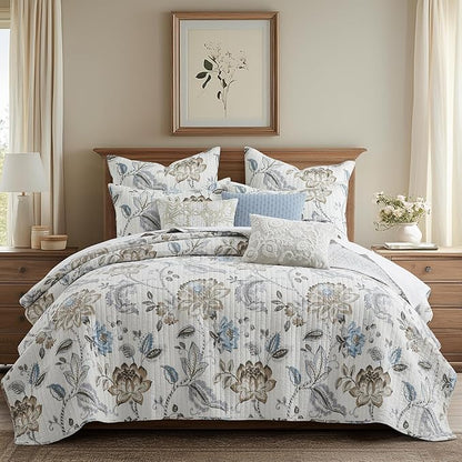 Levtex Home - Maileen Neutral Blue Quilt Set - Full/Queen Quilt and Two Standard Shams - Floral - Taupe Blue and Cream - Quilt (88x92in.) and Shams (20x26in.) - Reversible - Cotton