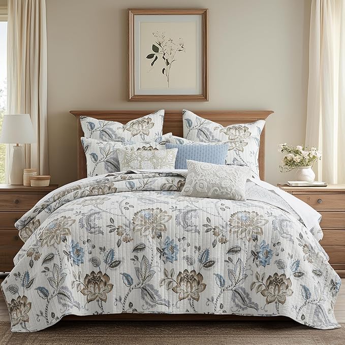 Levtex Home - Maileen Neutral Blue - Euro Sham Set of 2 - Floral - Taupe Blue and Cream - (26x26in.), No Insert - Reversible - Cotton