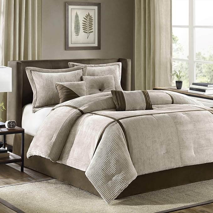Madison Park Cozy Comforter Set Casual Blocks Design All Season, Matching Bed Skirt, Decorative Pillows, Cal King(104"x92"), Dallas Corduroy, Taupe Brown, 7 Piece