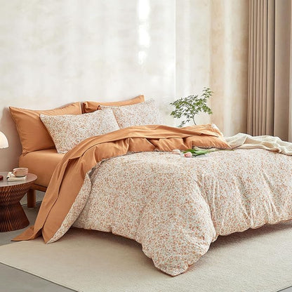 Wake In Cloud - Floral Comforter Set with Sheets, Cute Vintage Flower Cottagecore Aesthetic for Women Teen Girls, 7 Pieces Bed in a Bag, Cream Orange, Queen Size