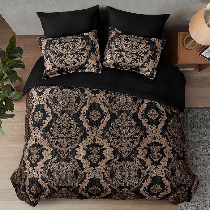 WONGS BEDDING Black Comforter Set Queen Size, Gold Damask Texture 7 Pieces Bed in a Bag Microfiber Comforter Bedding Sets -1 Comforter, 1 Flat Sheet, 1 Fitted Sheet, 2 Pillow Shams, 2 Pillowcases