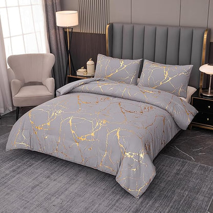 MWMWMW Gray Comforter, Grey and Gold Marble Bedding Set, 3 Pcs Luxury Comforter for Men & Women Bedroom, Queen Size with 2 Pillowcases