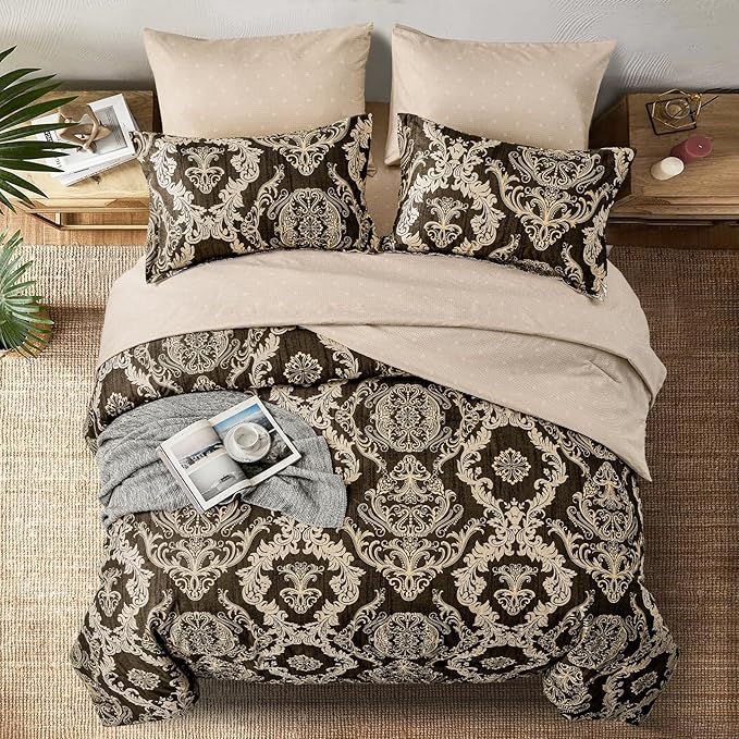 WONGS BEDDING 7 Pieces Comforter Set King Size,Damask Texture Design Bed in a Bag Bedding Sets,Brown Soft Lightweight Microfiber Bedding Set for All Season