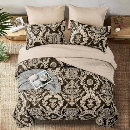 WONGS BEDDING 7 Pieces Comforter Set Queen Size,Damask Texture Design Bed in a Bag Bedding Sets,Brown Soft Lightweight Microfiber Bedding Set for All Season