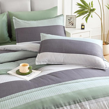 Andency King Size Comforter Set Sage Green - 7 Pieces Green Striped Bed in a Bag, Soft Lightweight All Season Colorblock Bedding Set with Comforter, Fitted & Flat Sheet, Pillowcases & Shams
