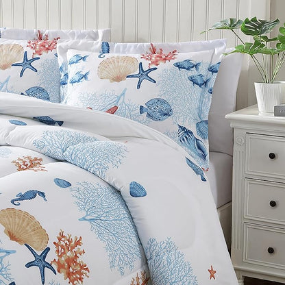 Caribbean Joe King 3-Piece Comforter Set, Tropical Coastal Beach Design Bedding, Seashells